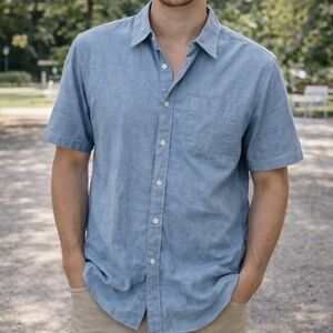 NWT Faherty Ventura Short Sleeve Shirt blue chambray XXL